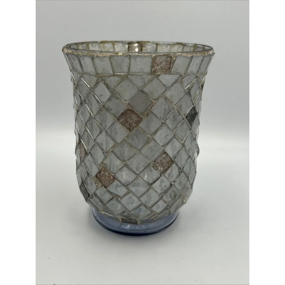 Vintage Silver Gray Mosaic Glass Candle Holder Votive Hurricane Boho Decor 6